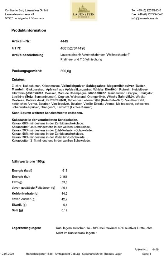 Lauenstein Confiserie Kalendarz adwentowy z świąteczną wioską, 300 g, ręcznie robione trufle i pralinki, 12 rodz