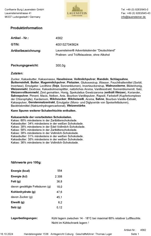 Lauenstein Confiserie Lauensteiner kalendarz adwentowy na scenie, 300 g, ręcznie robione trufle i pralinki, 23 r