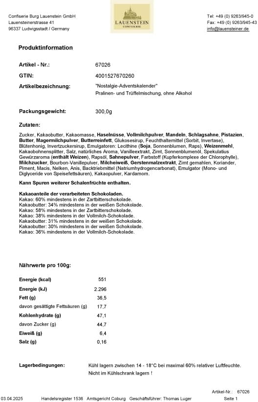 Lauenstein Confiserie Lauensteiner Nostalgia kalendarz adwentowy 300 g ręcznie wykonane trufle i pralinki, 13-kr