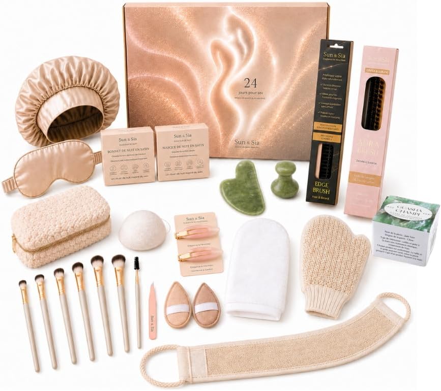 Sun & Sia Kalendarz adwentowy Sun&Sia damski uroda 24 akcesoria - Gua Sha Jade, czapka i maska satyn