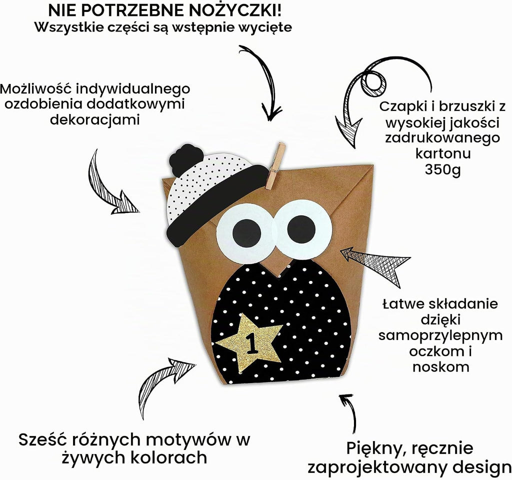 Papierdrachen Papierdrachen DIY kalendarz adwentowy do wypełnienia - Sowy Boże Narodzenie 2021 - zestaw 