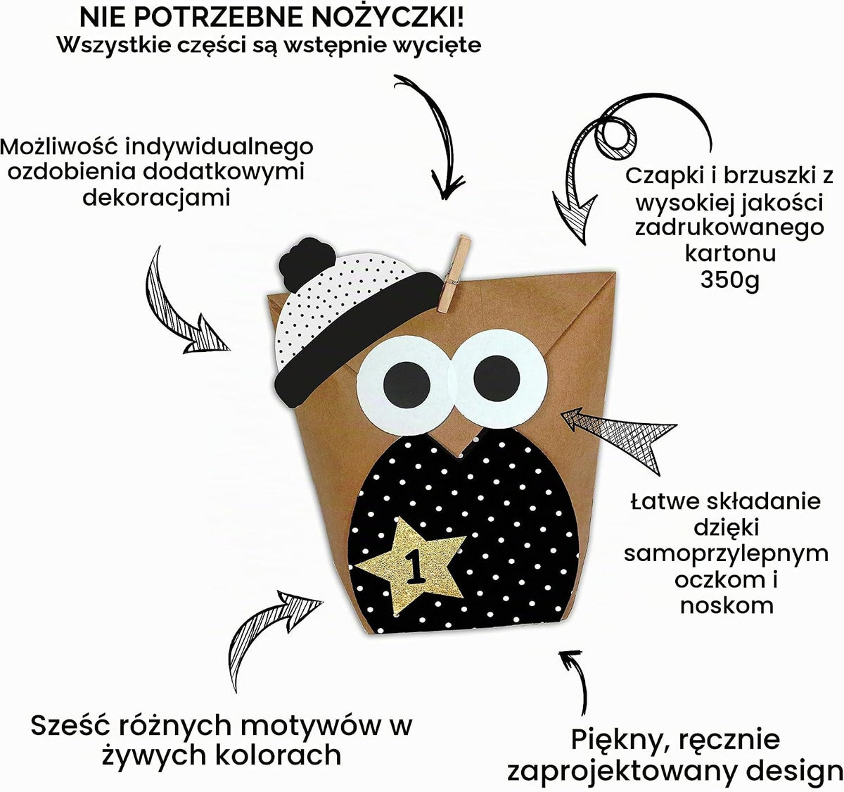 Papierdrachen Papierdrachen DIY kalendarz adwentowy do wypełnienia - Sowy Boże Narodzenie 2021 - zestaw 