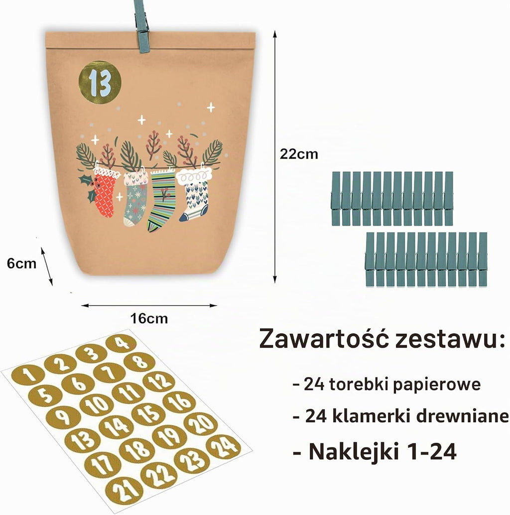 PANSIBY Kalendarz adwentowy do napełniania, 24 kalendarze bożonarodzeniowe, torebki papierowe z na