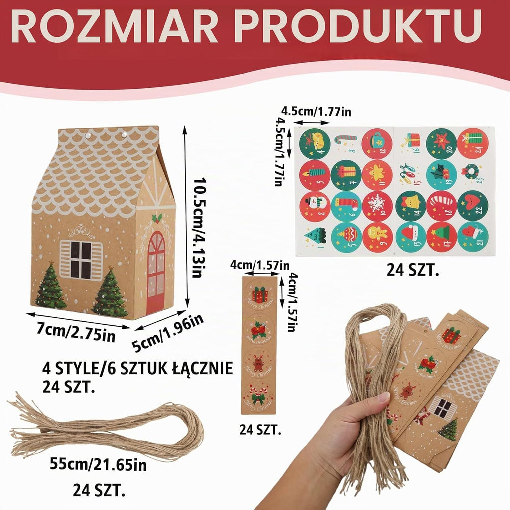 Zuahaly 24 składane – brązowe domki z naklejkami z liczbami – kalendarz