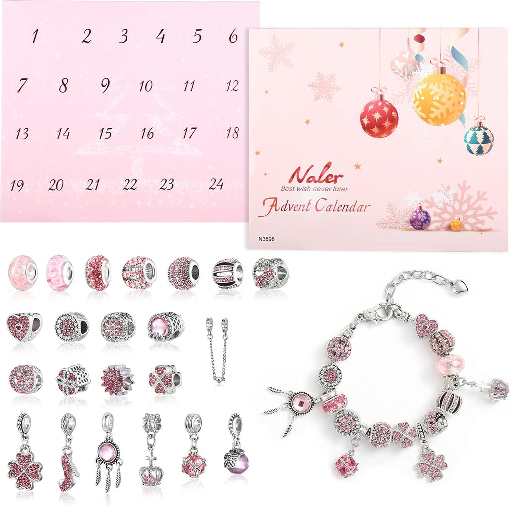 Naler 24-częściowy kalendarz adwentowy charms różowy wisiorek biżuteria