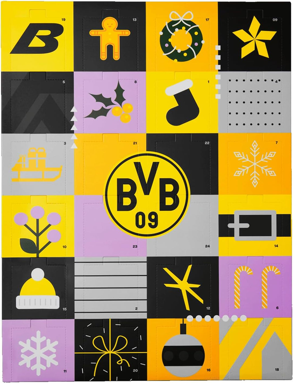 Borussia Dortmund BVB kalendarz adwentowy, 12 par skarpet, rozmiar 39-44, czarno-żółty z motywami bożonarodz