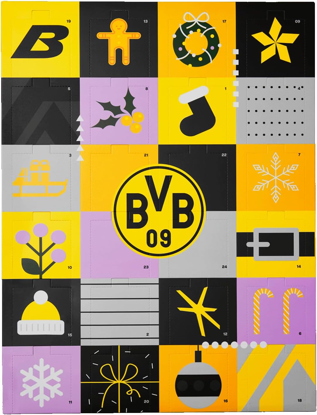Borussia Dortmund BVB kalendarz adwentowy, 12 par skarpet, rozmiar 39-44, czarno-żółty z motywami bożonarodz