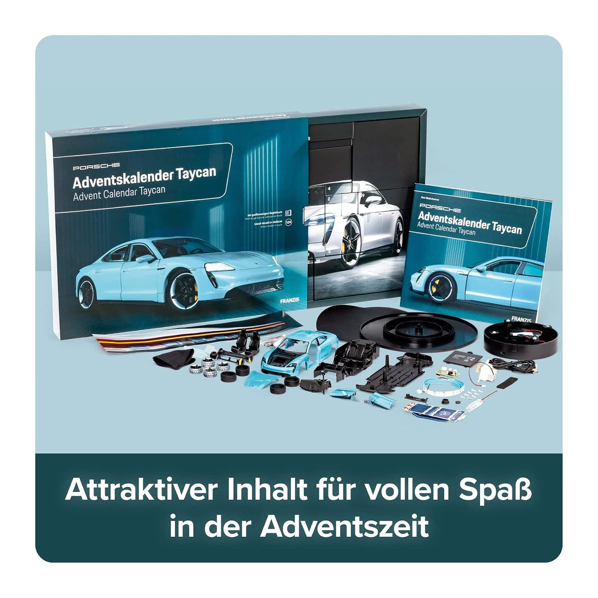 Wydanie: Niemiecki Porsche Museum (Wydawca) Format: Nieznana oprawa Franzis 67203 Kalendarz adwentowy Porsche Taycan Frozen Blue, metalowy model w skali 1:24,