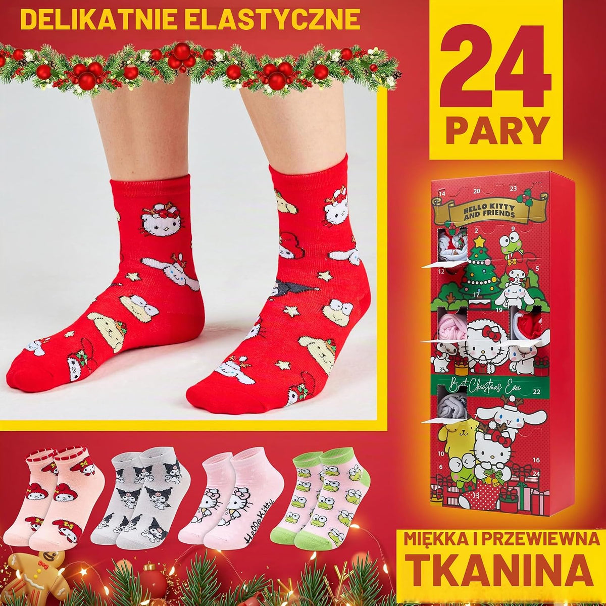 Hello Kitty Hello Kitty Sanrio Kalendarz adwentowy 2025, Skarpetki dla dziewczyn i nastolatek, 24 szt.