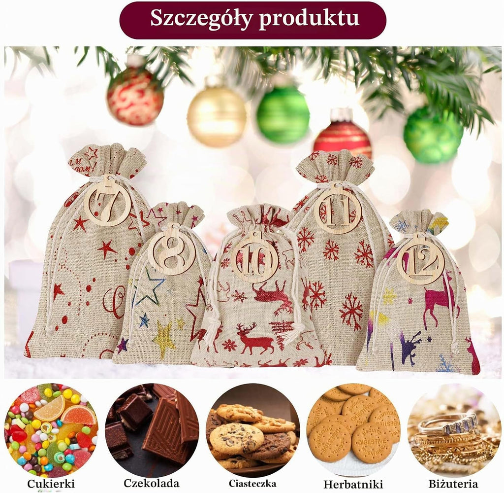 ANZOAT 97 szt. świątecznych torebek do kalendarza adwentowego, DIY, 24 dni, juta, wiszący kalenda