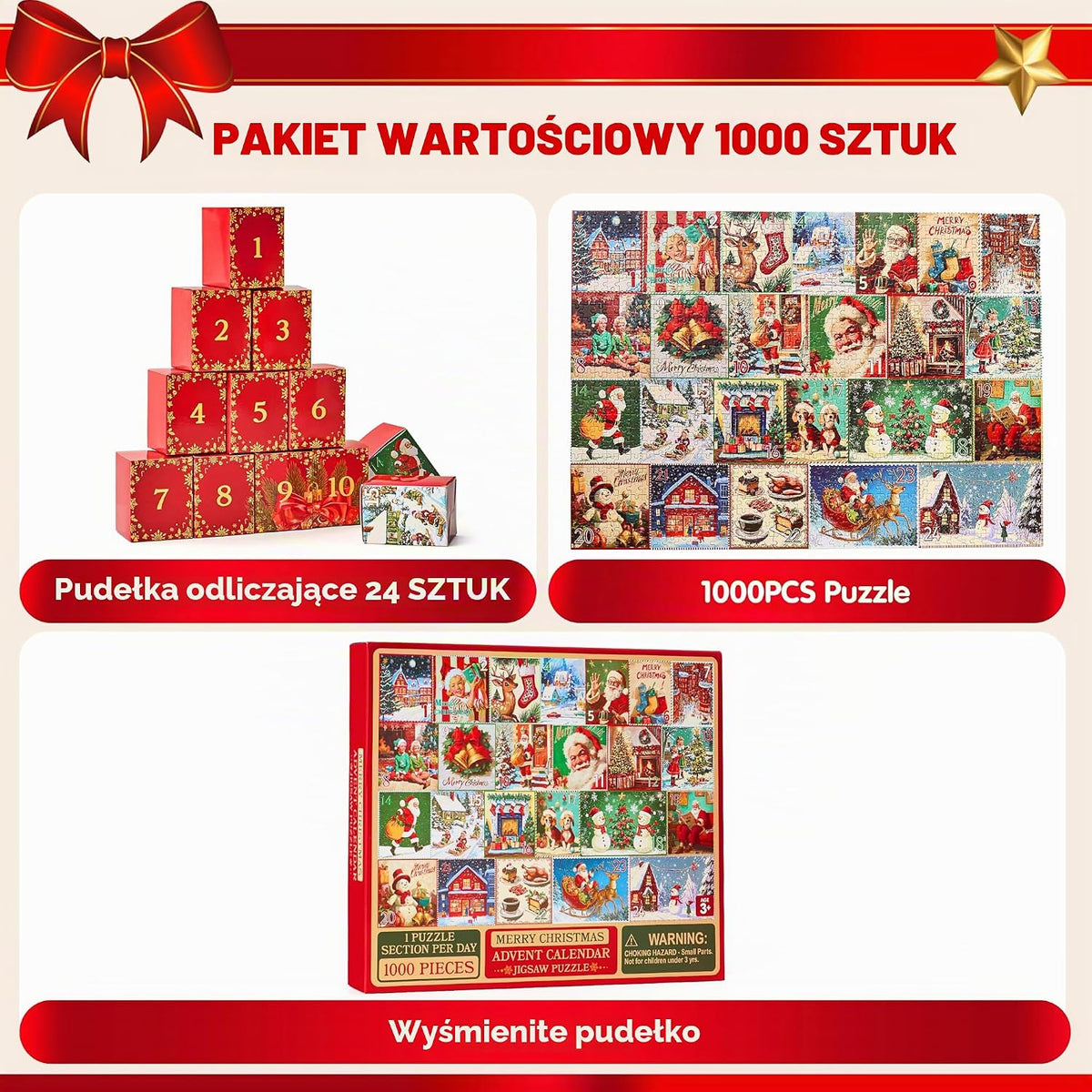 JOYIN JOYIN Kalendarz adwentowy z puzzlami, 1000-częściowy zestaw puzzli, kalendarz bożonarodzen