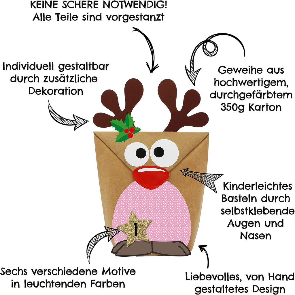 Papierdrachen DIY kalendarz adwentowy do wypełnienia – renifery z różowymi
