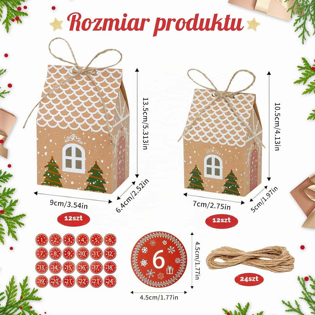 NVGVUP DIY kalendarz adwentowy do napełnienia: 24 domki z naklejkami z cyframi, świąteczne pudełk