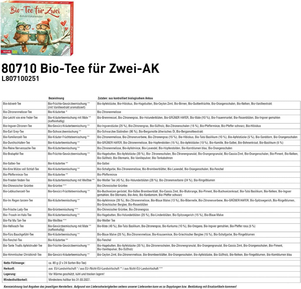 ROTH Kalendarz Adwentowy ROTH Organic Tea dla Dwóch Osób