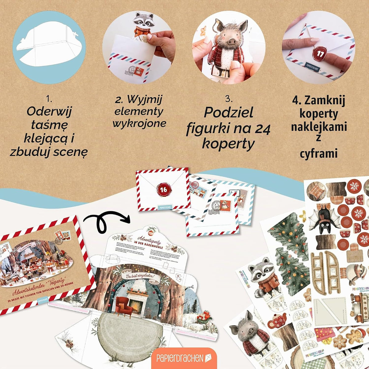 Papierdrachen Impreza na herbatę – zwierzęta leśne – kalendarz adwentowy
