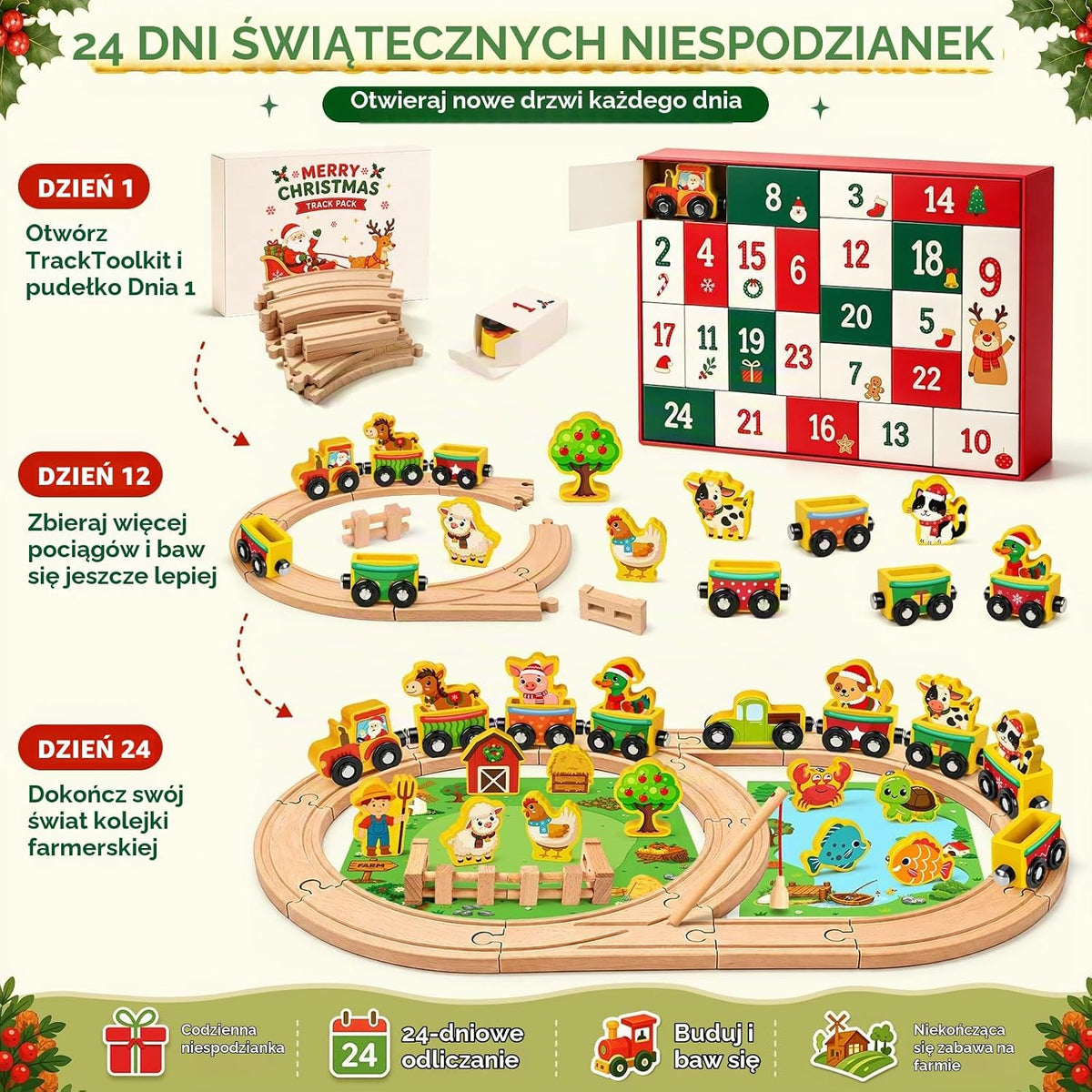 Viosmut Drewniany kalendarz adwentowy pociąg – farma i jezioro