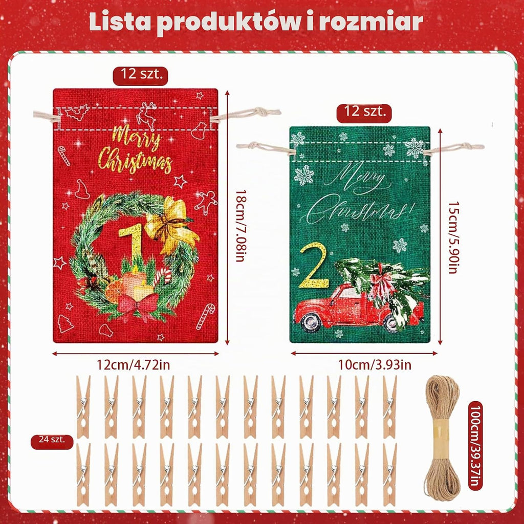 Beafaeur 24 szt. Kalendarz adwentowy do napełniania, z klipsem Lina konopna