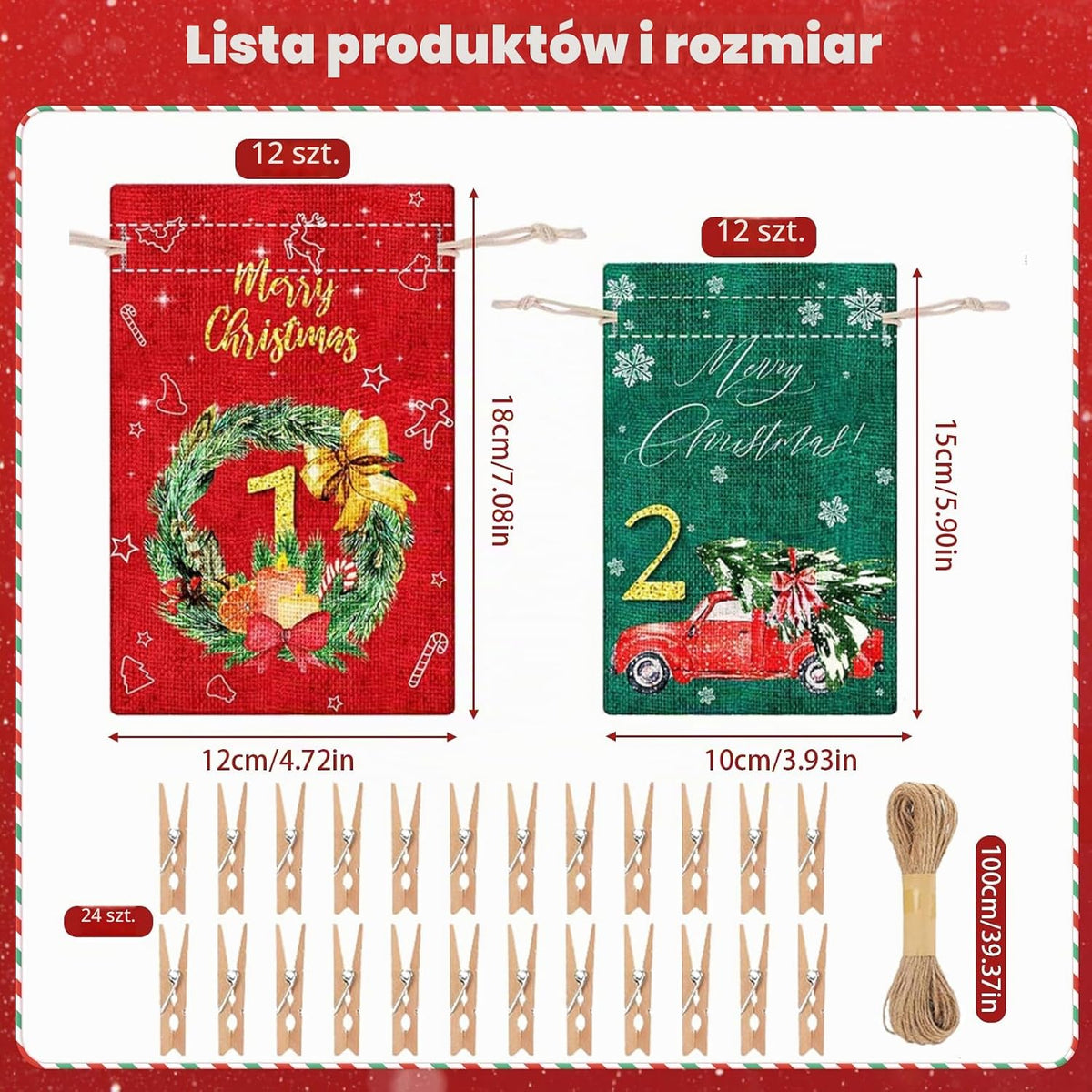 Beafaeur 24 szt. Kalendarz adwentowy do napełniania, z klipsem Lina konopna