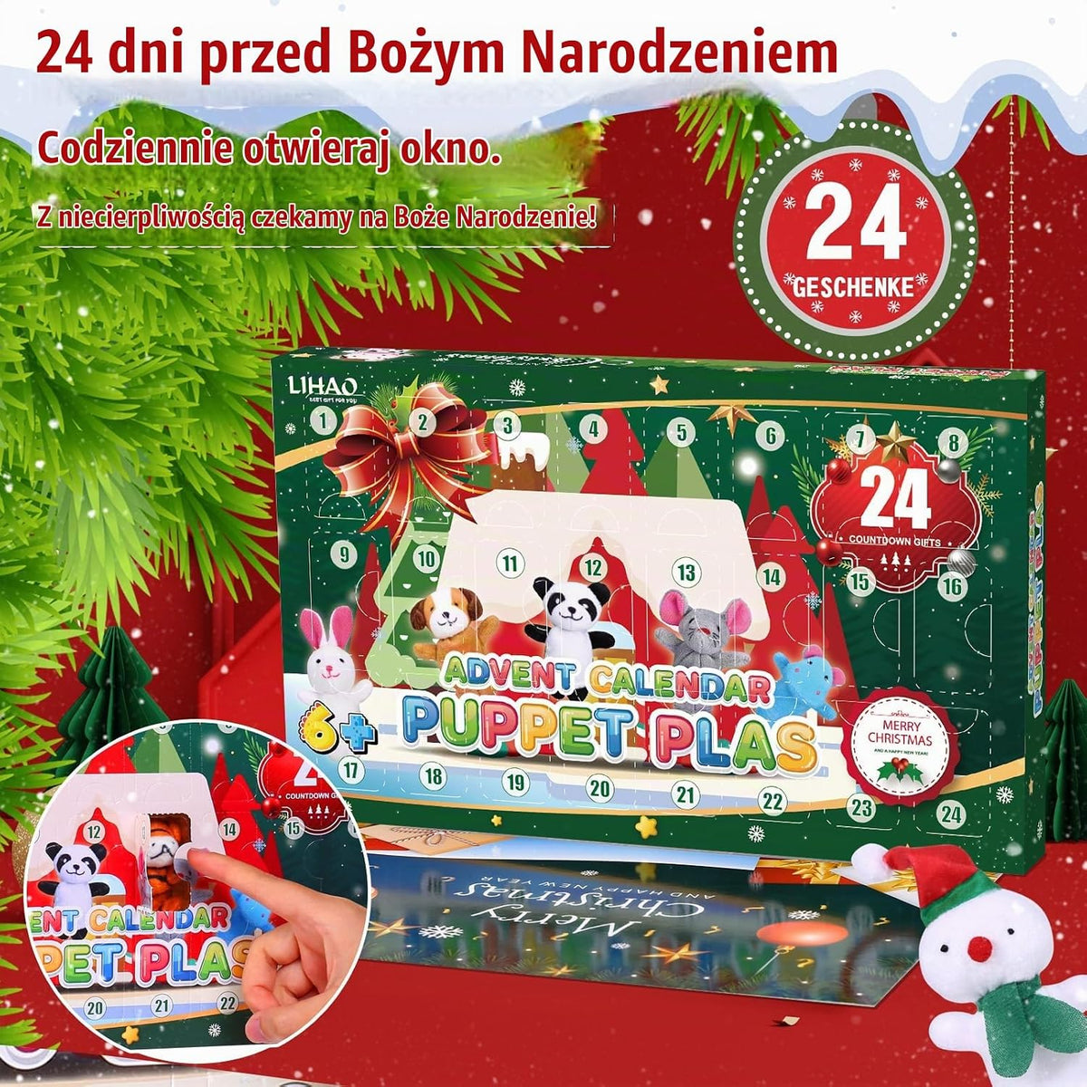 LIHAO Kalendarz adwentowy 2025 dla dzieci z 24 lalkami ze zwierzętami