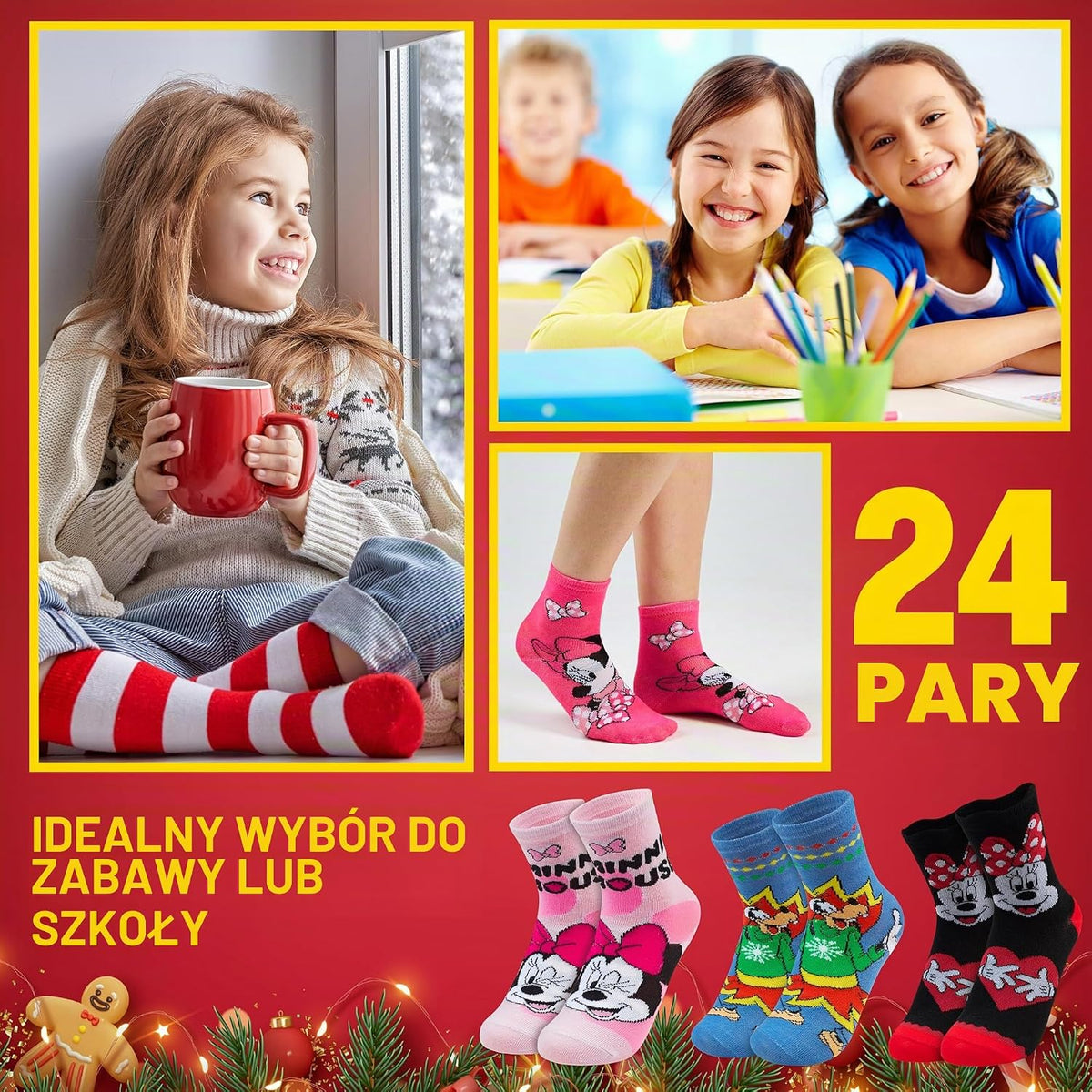 Get Trend Get Trend Disney Skarpety z Myszką Minnie, kalendarz adwentowy 2025, dla dziewcząt, rozmia