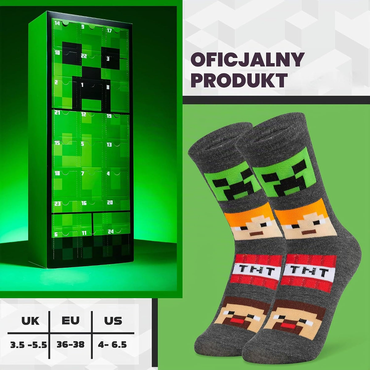 Get Trend Minecraft Socks Kalendarz adwentowy 2024, Kalendarz odliczania Creeper dla graczy