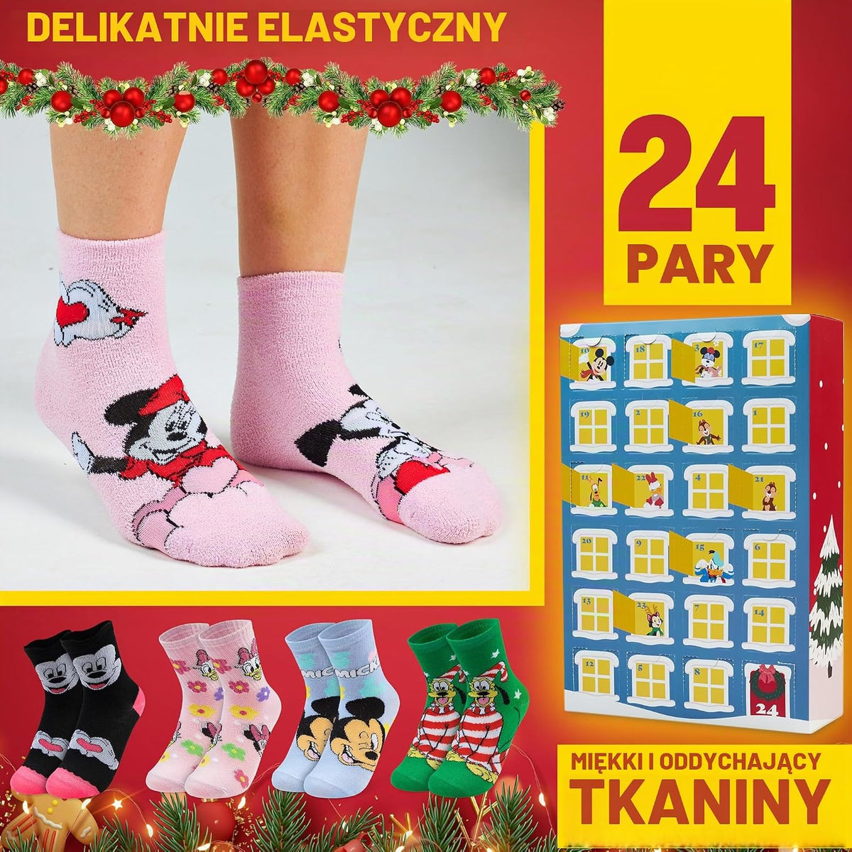 Get Trend Get Trend Disney Skarpety z Myszką Minnie, kalendarz adwentowy 2025, dla dziewcząt, rozmia