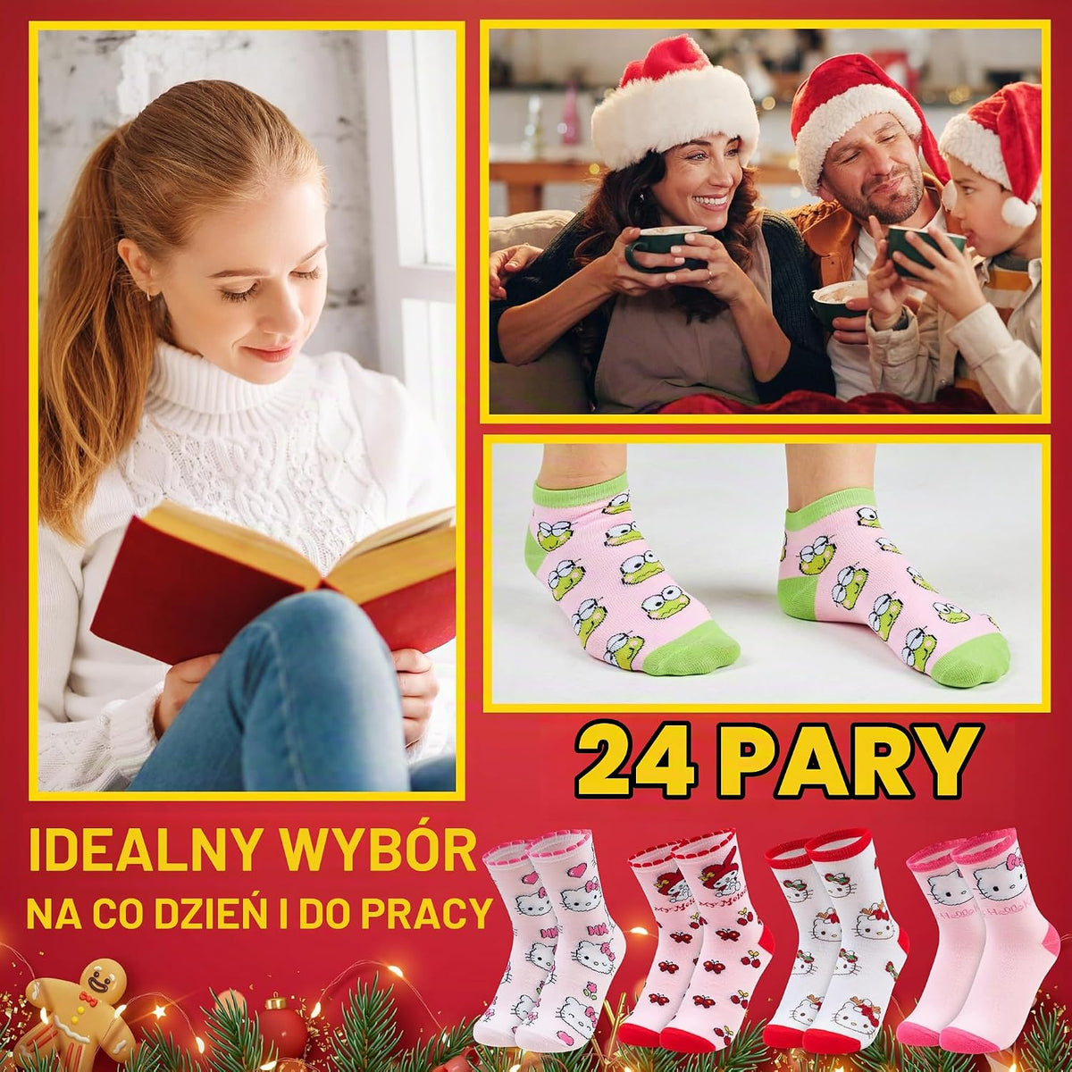 Hello Kitty Hello Kitty Sanrio Kalendarz adwentowy 2025, Skarpetki dla dziewczyn i nastolatek, 24 szt.