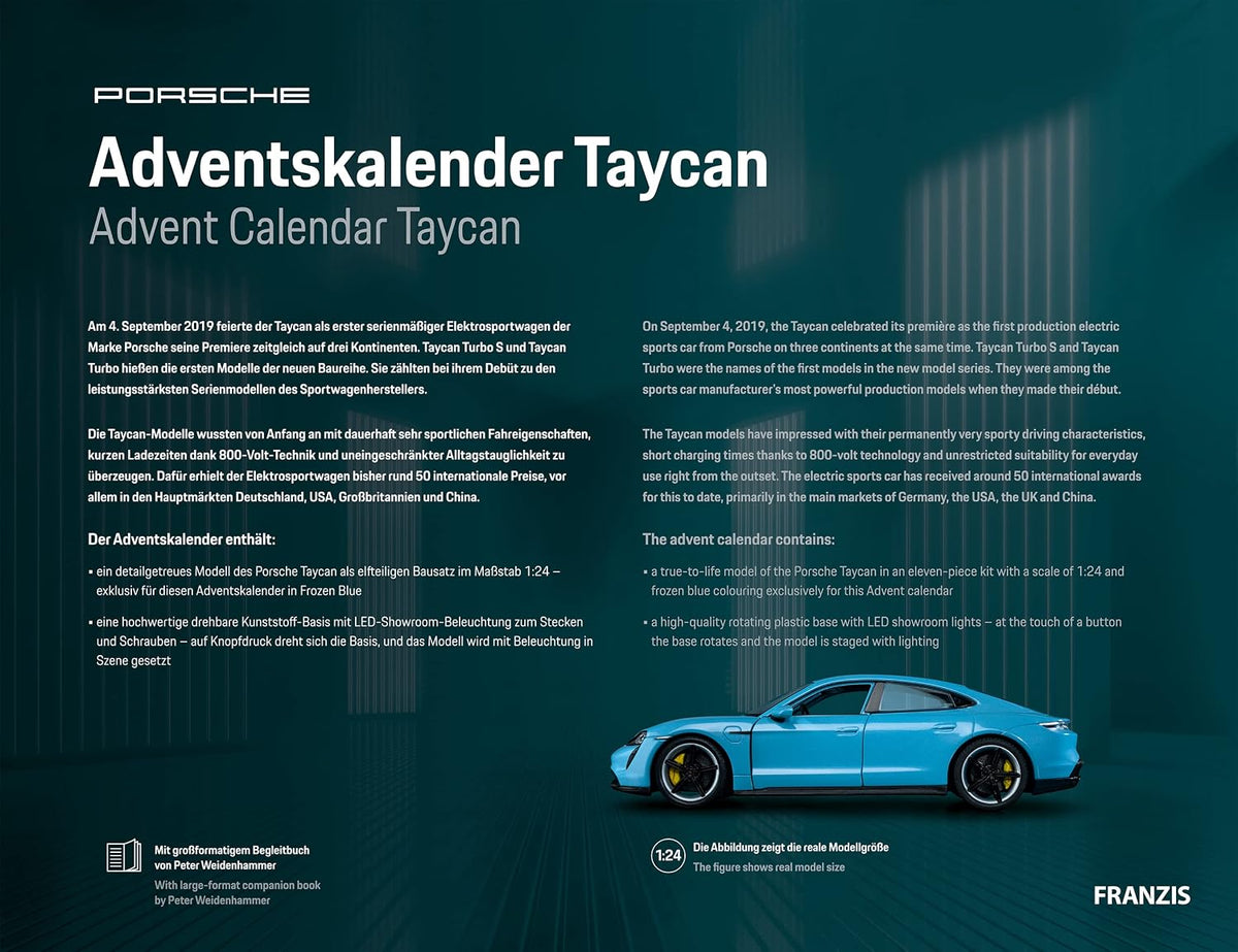 Wydanie: Niemiecki Porsche Museum (Wydawca) Format: Nieznana oprawa Franzis 67203 Kalendarz adwentowy Porsche Taycan Frozen Blue, metalowy model w skali 1:24,