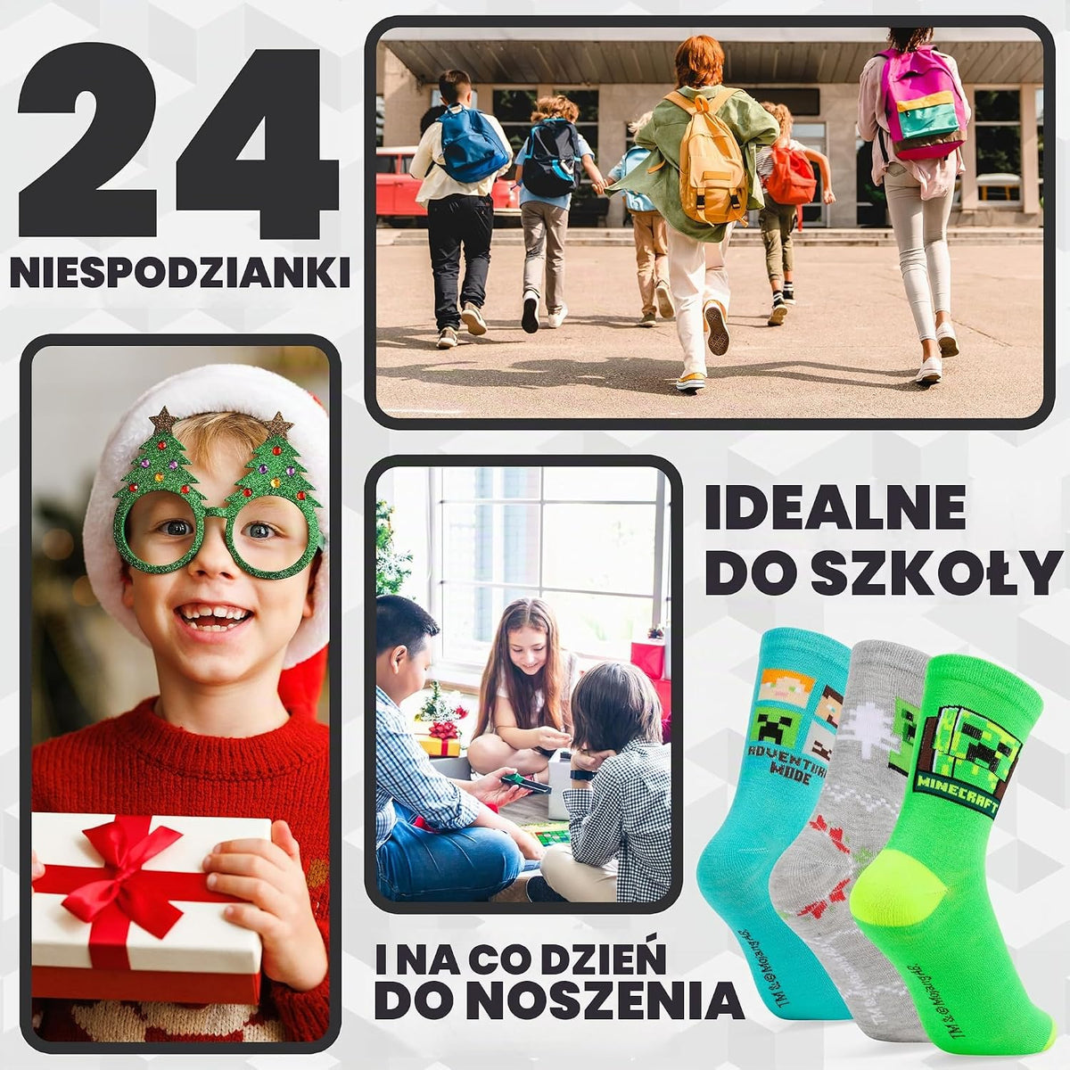 Get Trend Minecraft Socks Kalendarz adwentowy 2024, Kalendarz odliczania Creeper dla graczy