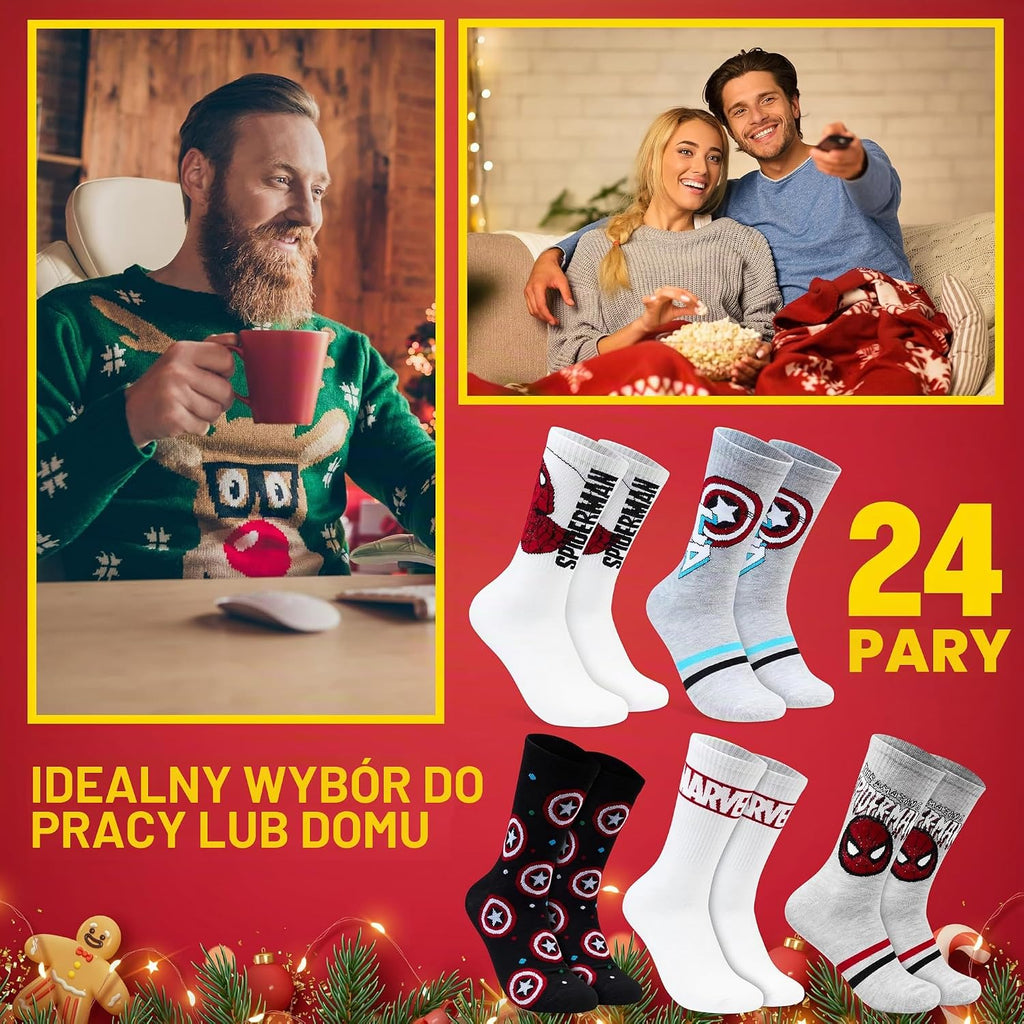 Get Trend Kalendarz Adwentowy Skarpet Get Trend Marvel 2025 dla Mężczyzn i Nastolatków, 24 Pary Oddy
