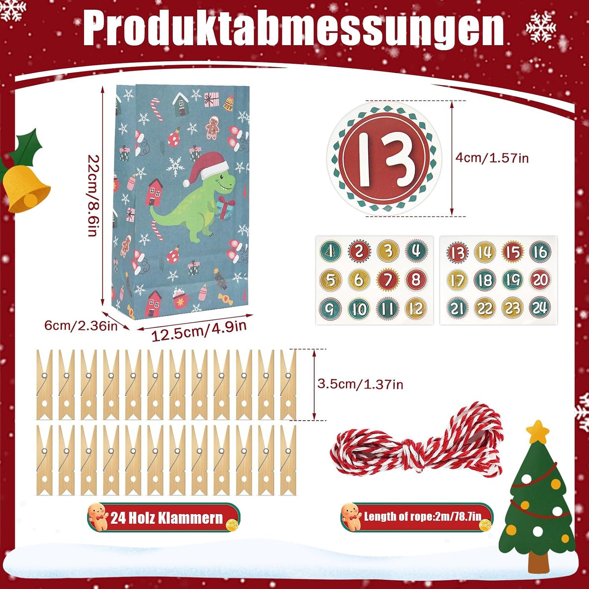 ANPLUS Kalendarz adwentowy do napełniania XXL, dla dzieci, na prezent, papierowe adwentowe torebk