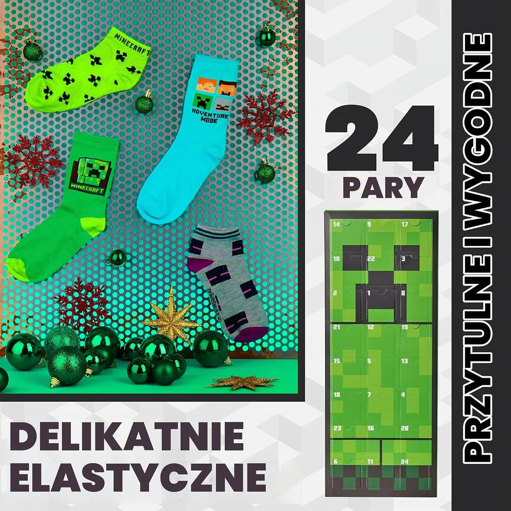 Get Trend Minecraft Socks Kalendarz adwentowy 2024, Kalendarz odliczania Creeper dla graczy