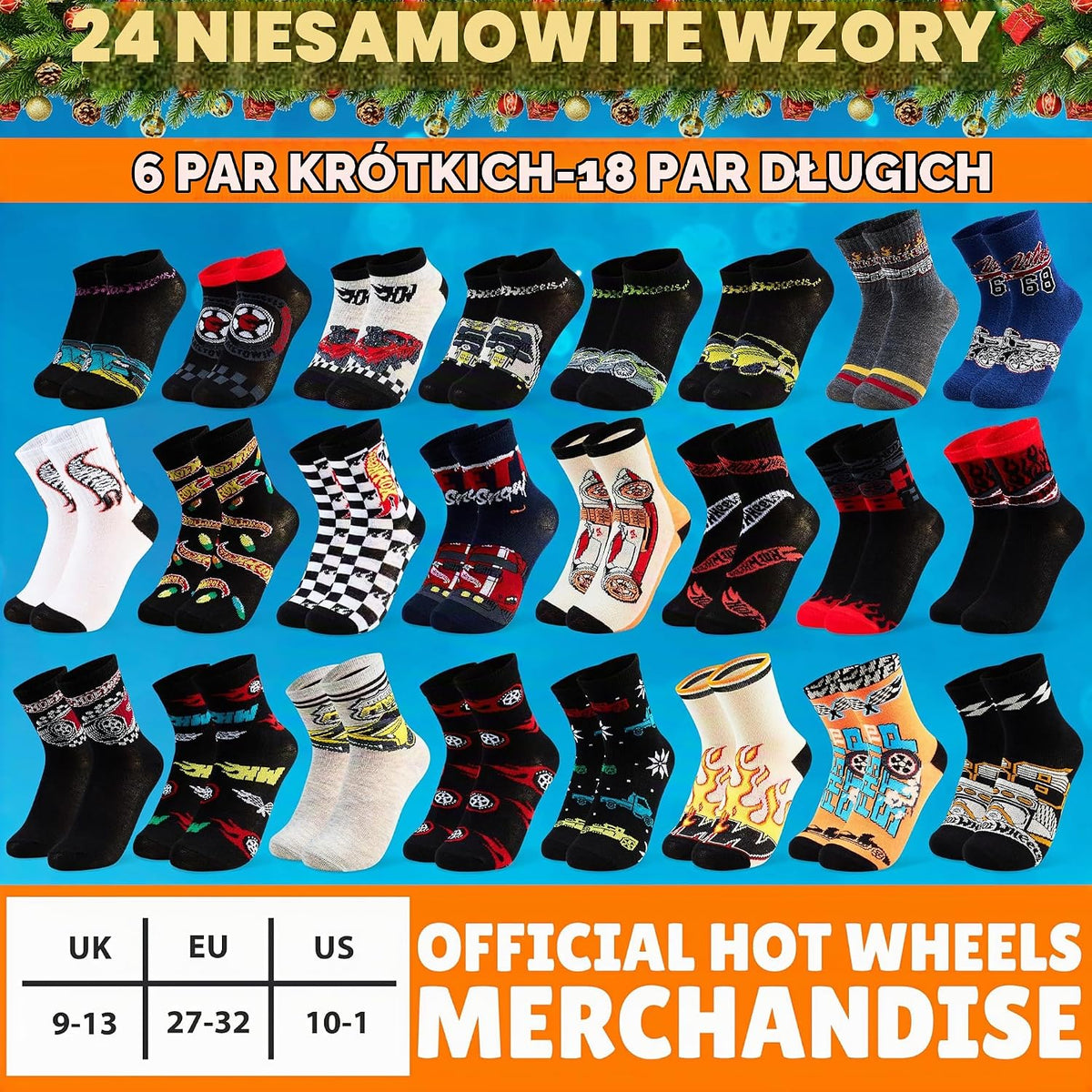 Get Trend Get Trend Kalendarz adwentowy Skarpetki Hot Wheels 2025 dla chłopców UK 9-13, 24 pary codz