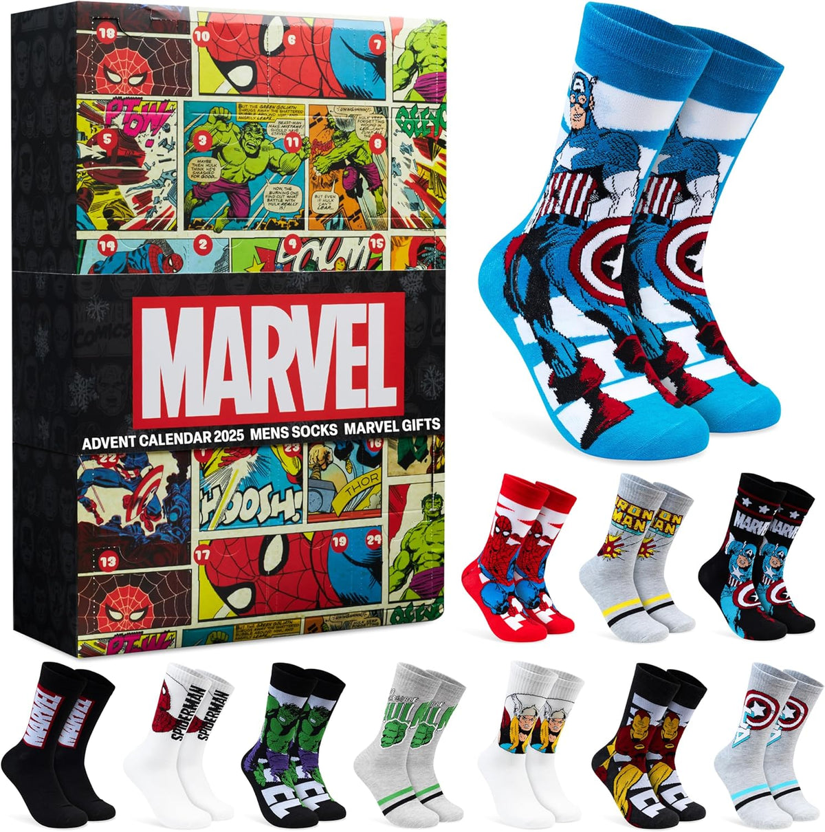 Get Trend Kalendarz Adwentowy Skarpet Get Trend Marvel 2025 dla Mężczyzn i Nastolatków, 24 Pary Oddy