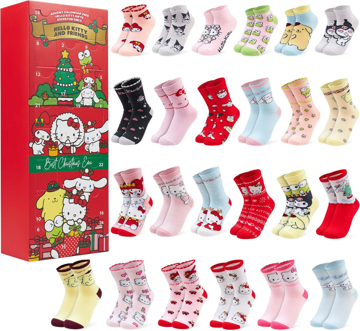 Hello Kitty Hello Kitty Sanrio Kalendarz adwentowy 2025, Skarpetki dla dziewczyn i nastolatek, 24 szt.