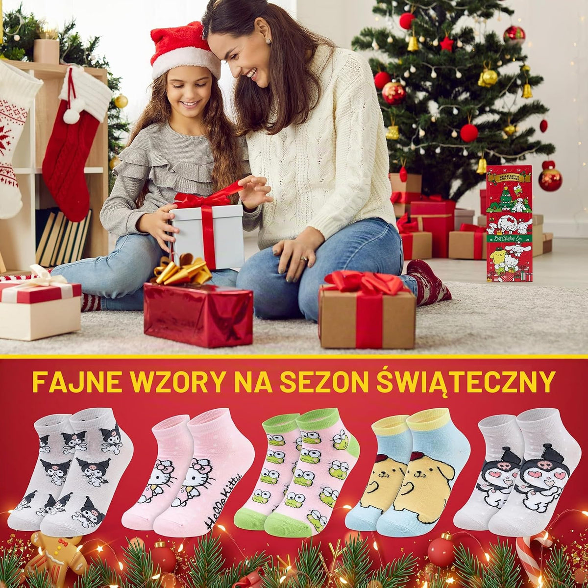 Hello Kitty Hello Kitty Sanrio Kalendarz adwentowy 2025, Skarpetki dla dziewczyn i nastolatek, 24 szt.