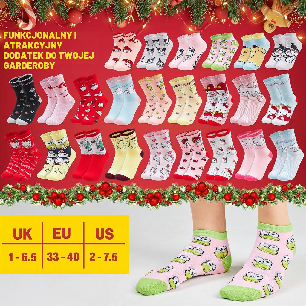 Hello Kitty Hello Kitty Sanrio Kalendarz adwentowy 2025, Skarpetki dla dziewczyn i nastolatek, 24 szt.