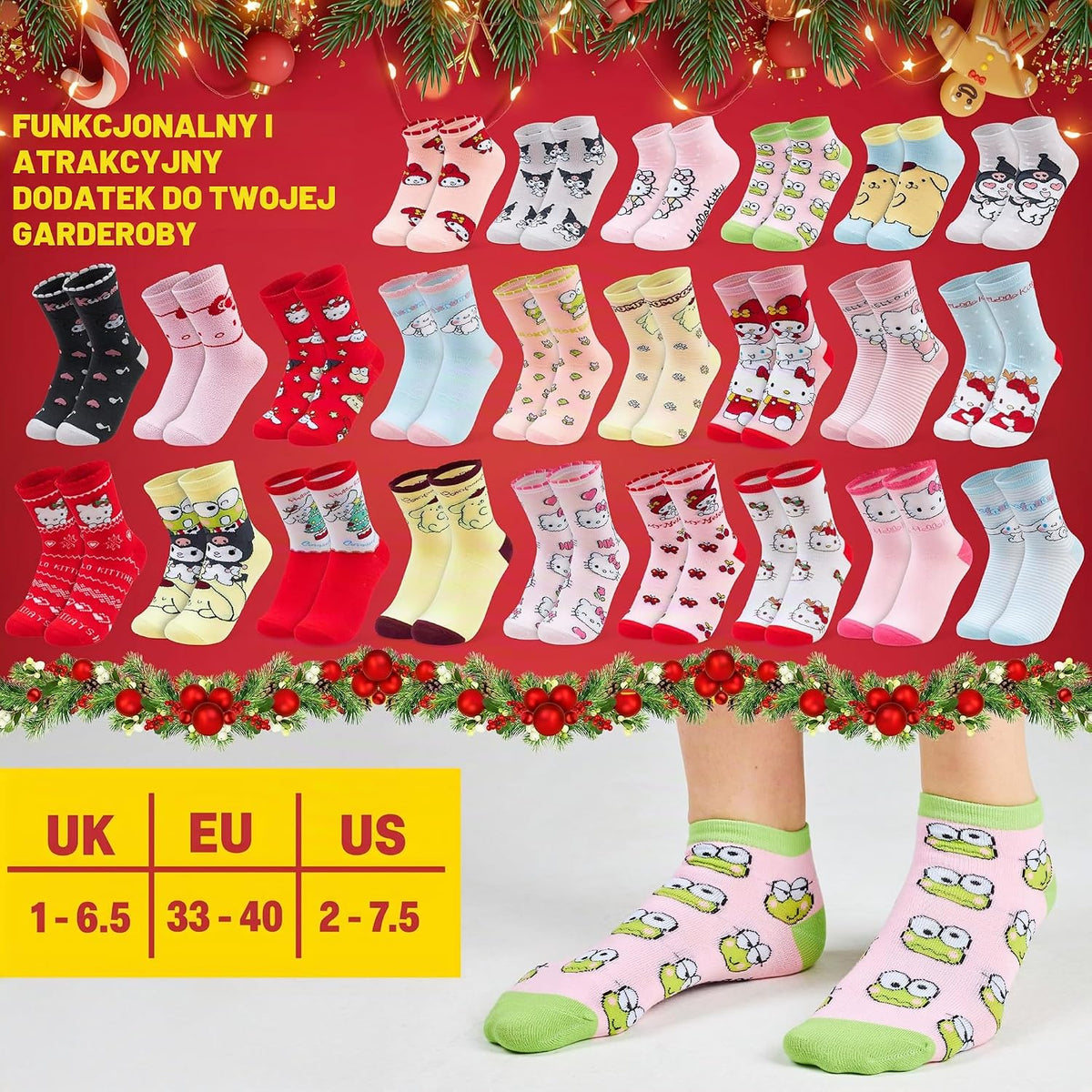 Hello Kitty Hello Kitty Sanrio Kalendarz adwentowy 2025, Skarpetki dla dziewczyn i nastolatek, 24 szt.