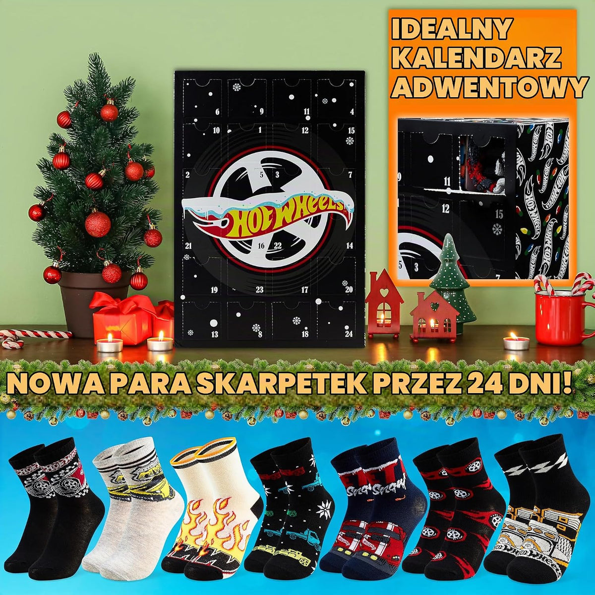Get Trend Get Trend Kalendarz adwentowy Skarpetki Hot Wheels 2025 dla chłopców UK 9-13, 24 pary codz