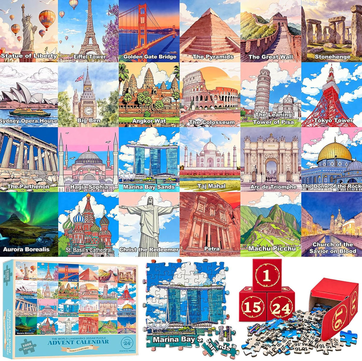 Kalendarz adwentowy puzzle – słynne budowle świata, 1008 elementów