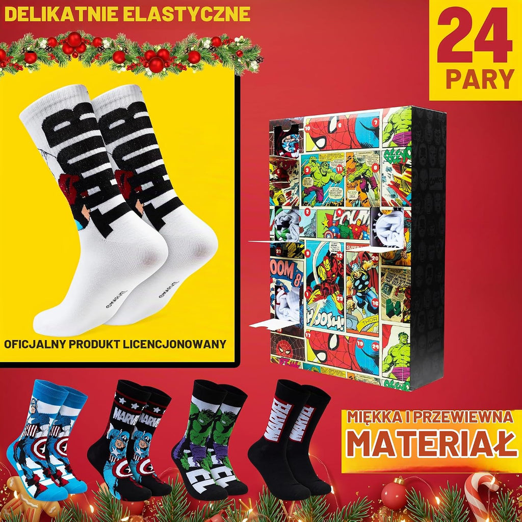 Get Trend Kalendarz Adwentowy Skarpet Get Trend Marvel 2025 dla Mężczyzn i Nastolatków, 24 Pary Oddy