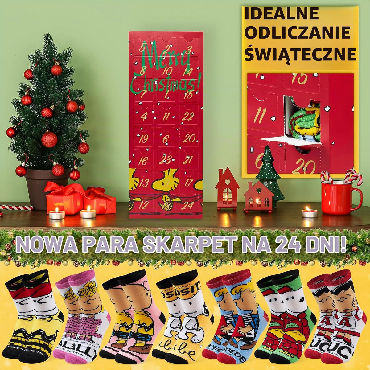 Get Trend Kalendarz adwentowy Get Trend skarpetki Peanuts Snoopy 2025 dla kobiet i nastolatek, rozmi