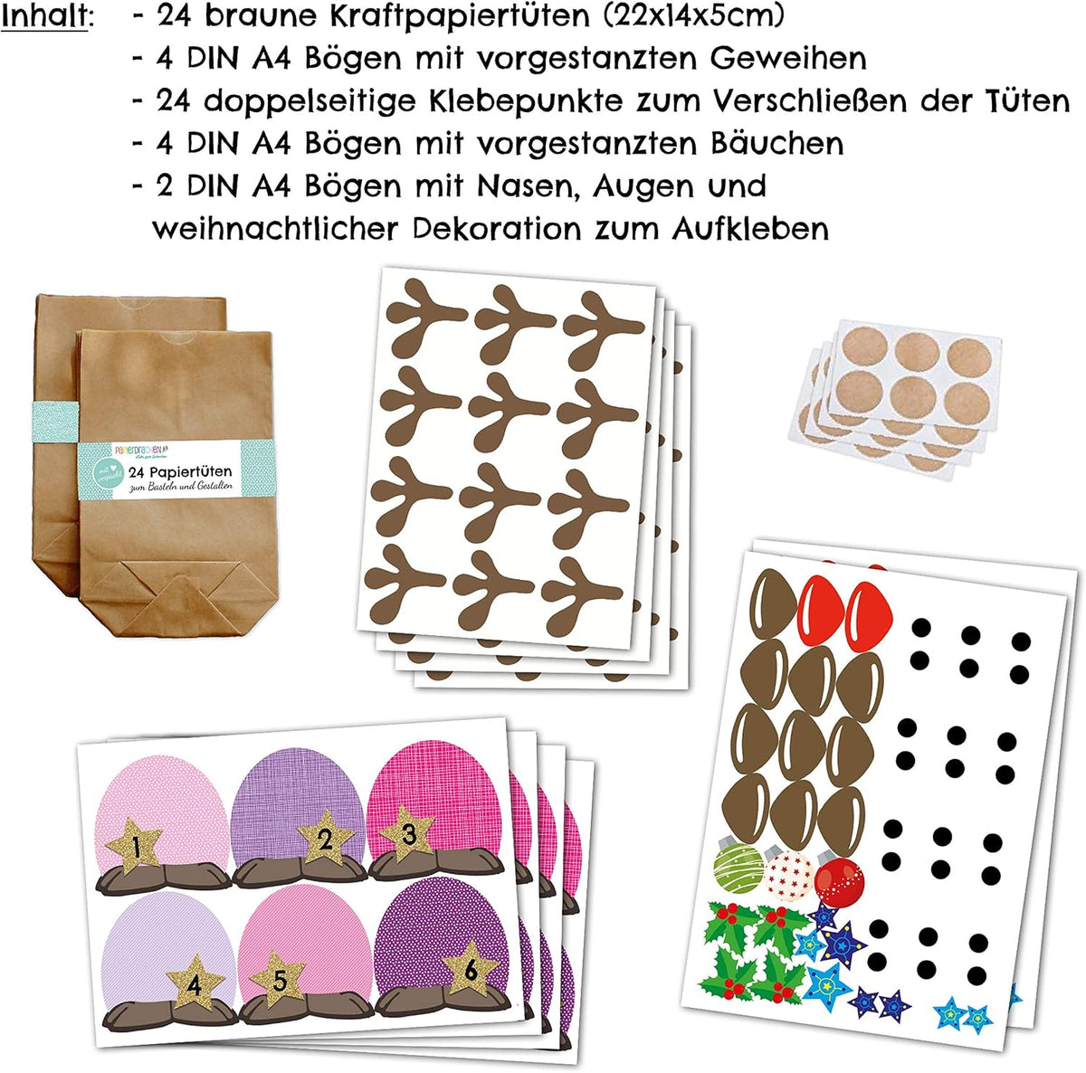 Papierdrachen DIY kalendarz adwentowy do wypełnienia – renifery z różowymi